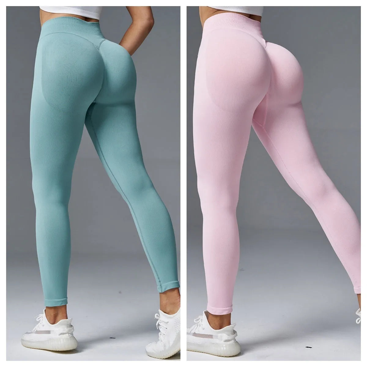 Women's solid colour cotton blend yoga pants with a hip-lifting design.