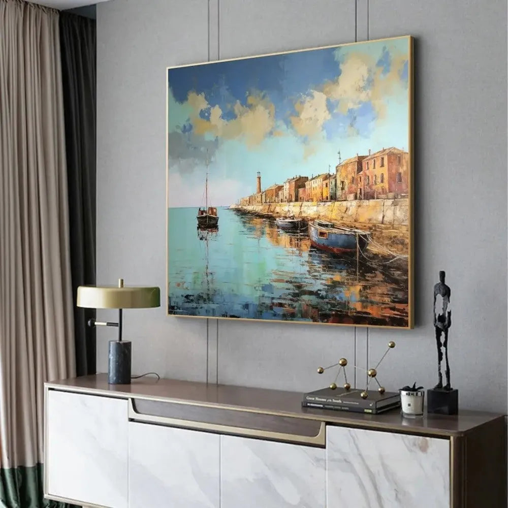 Hand painted oil painting on canvas abstract pier scenery square wall art in modern style