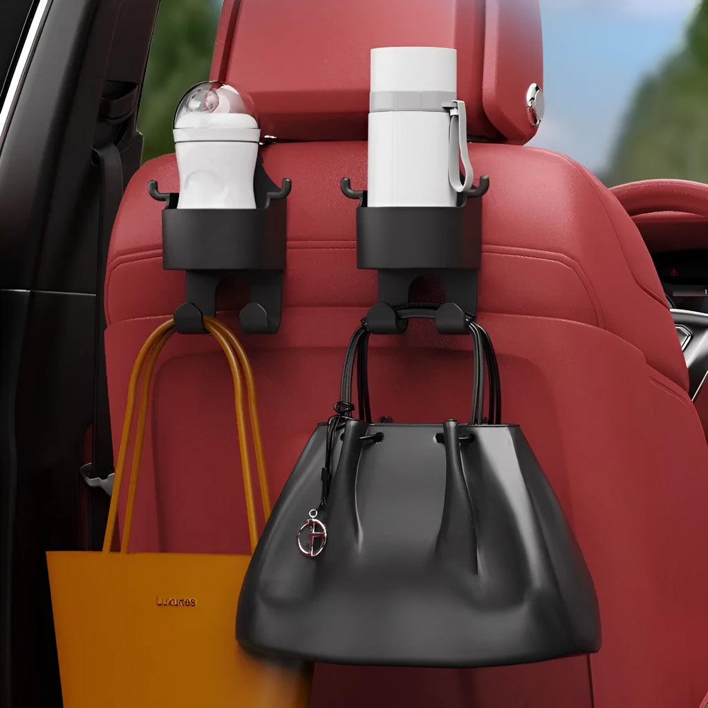 Black plastic car seat back organiser hook with cup holder showing dimensions