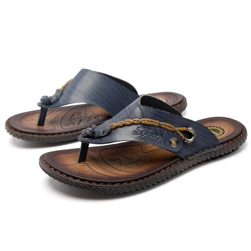 Men's black casual slippers with non-slip sole and PU leather upper on a plain background.