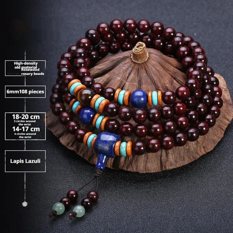 Men's rosewood bracelet with 108 beads, showing 6mm and 8mm size options alongside styles like lapis lazuli and turquoise.