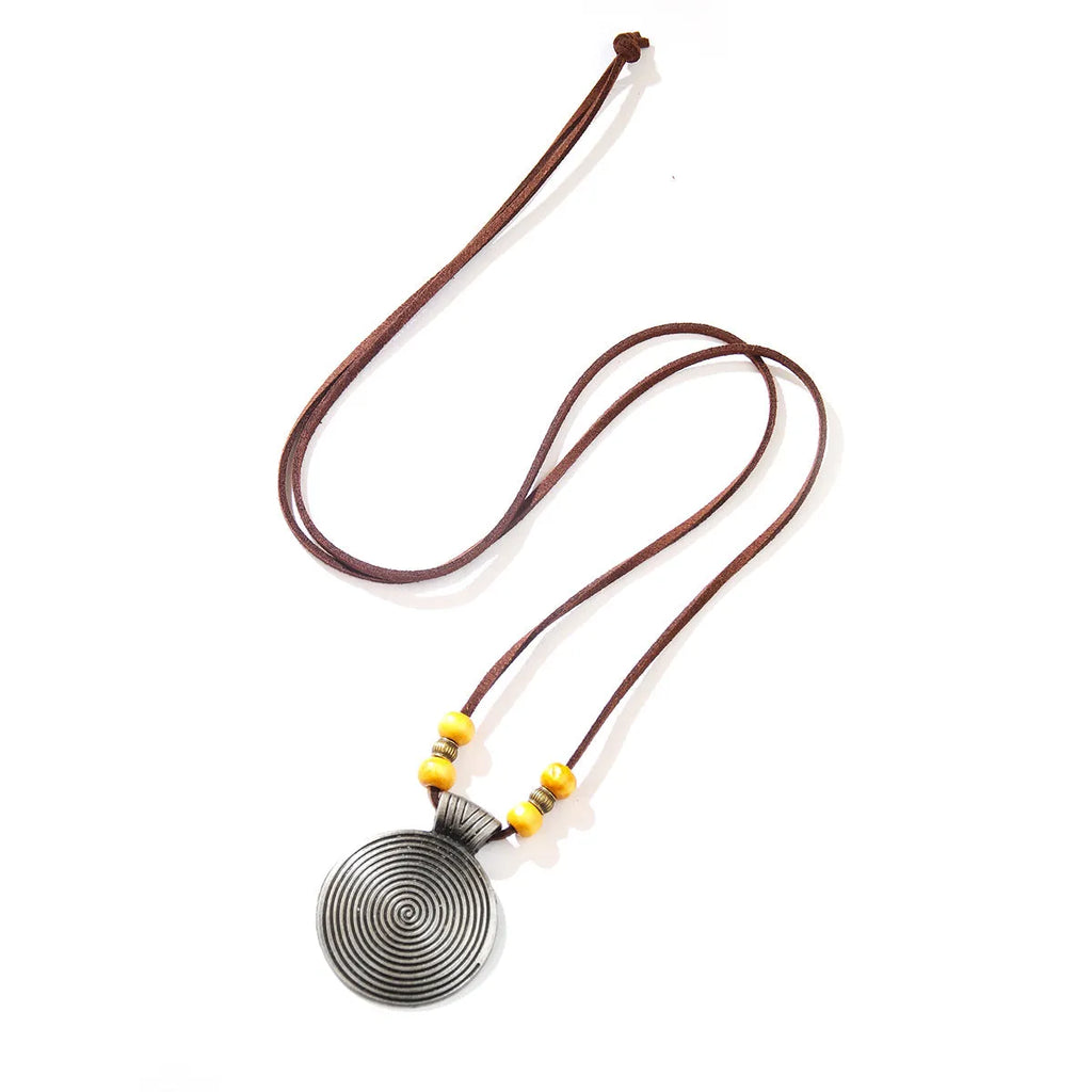 Alloy cowhide string ethnic pendant necklace with geometric auspicious pattern, 20CM drop, unisex Chinese style, bronze coffee beads