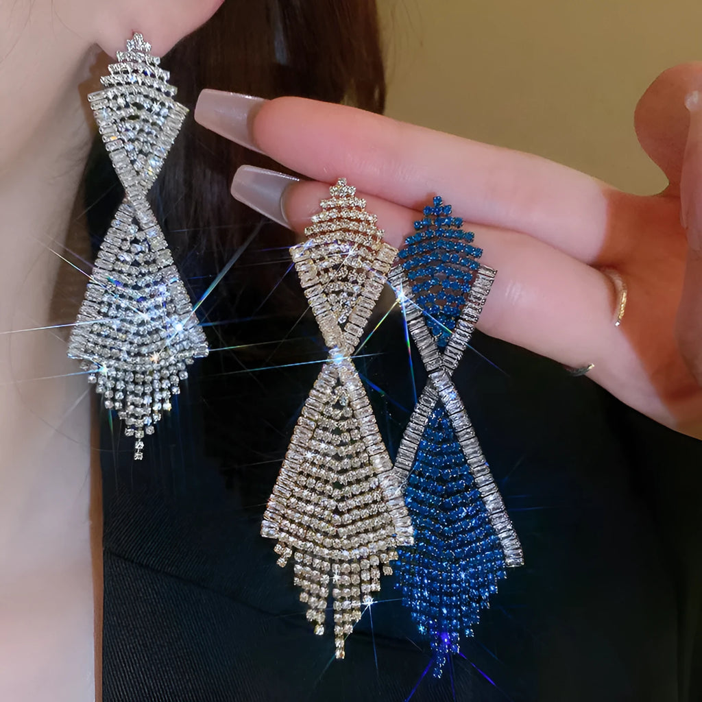 Handmade copper long earrings with rhinestone inlaid geometric claw chain tassel in silver needle-blue