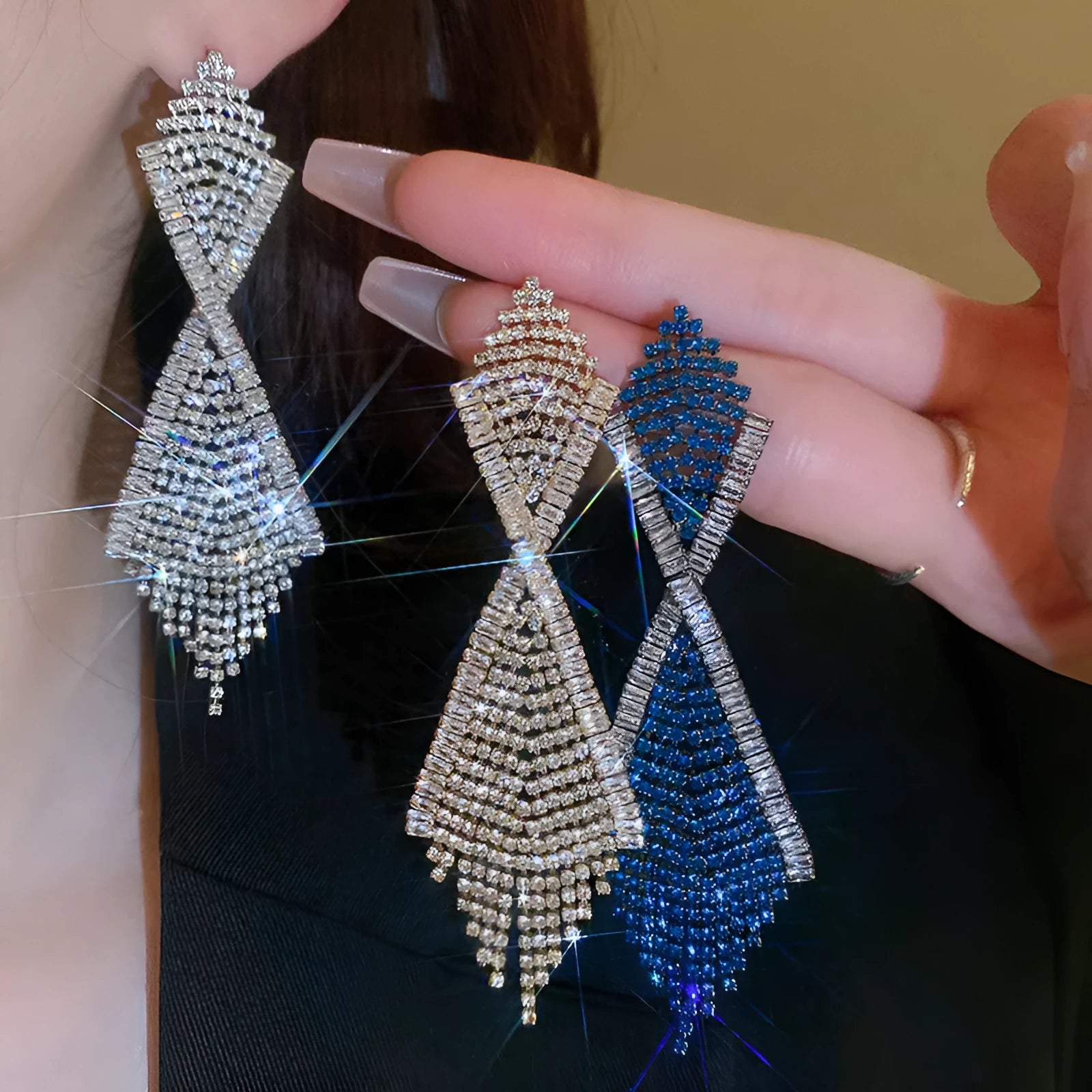 Handmade copper long earrings with rhinestone inlaid geometric claw chain tassel in silver needle-blue