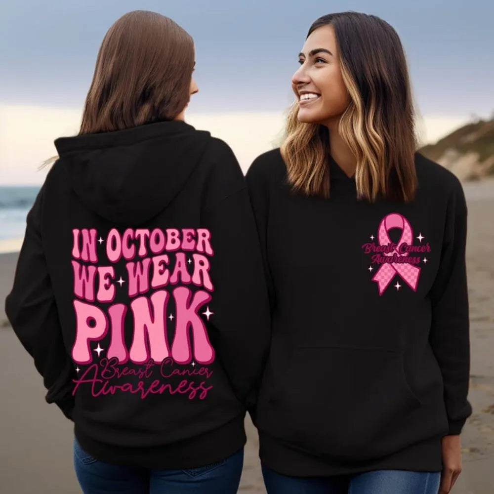 Pink Breast Cancer Awareness hooded sweatshirt with retro pattern and side seam pockets
