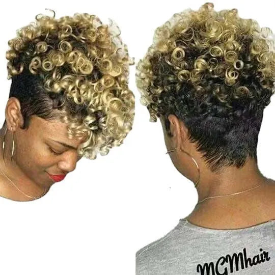 Women's short synthetic wig with simple rolls hairstyle in Kanekalon fibre showing colour options