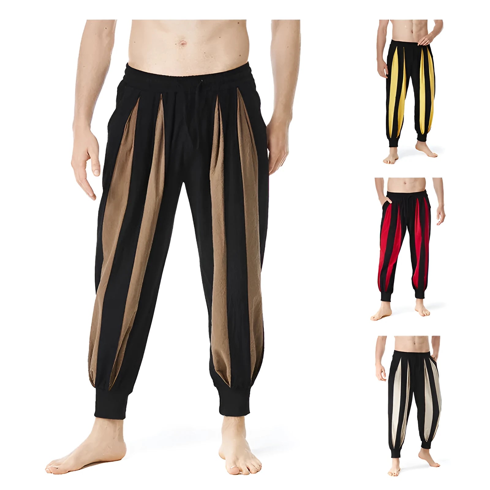 Men's casual trousers in straight leg style with polyester fabric available in red, khaki, yellow and brown colours