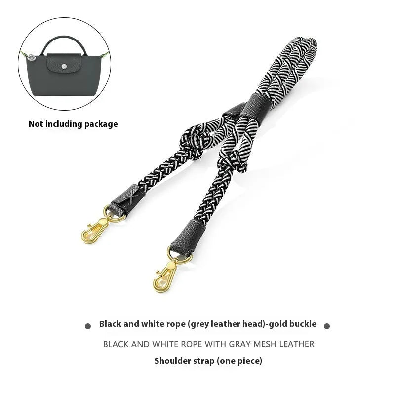 Braided nylon and cowhide leather crossbody strap with alloy buckle in gold or silver finish