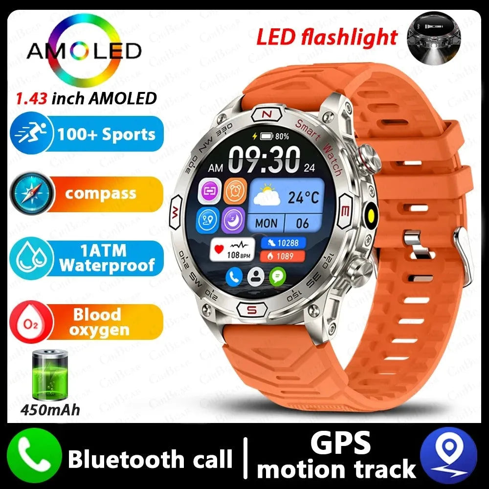 Smart watch with HD IPS screen showing health data, Bluetooth calling, and magnetic charging. Available in black, silver, and blue band options.