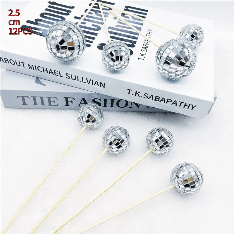 Glass disco ball cake decoration with wooden stick in multiple sizes for celebration cakes