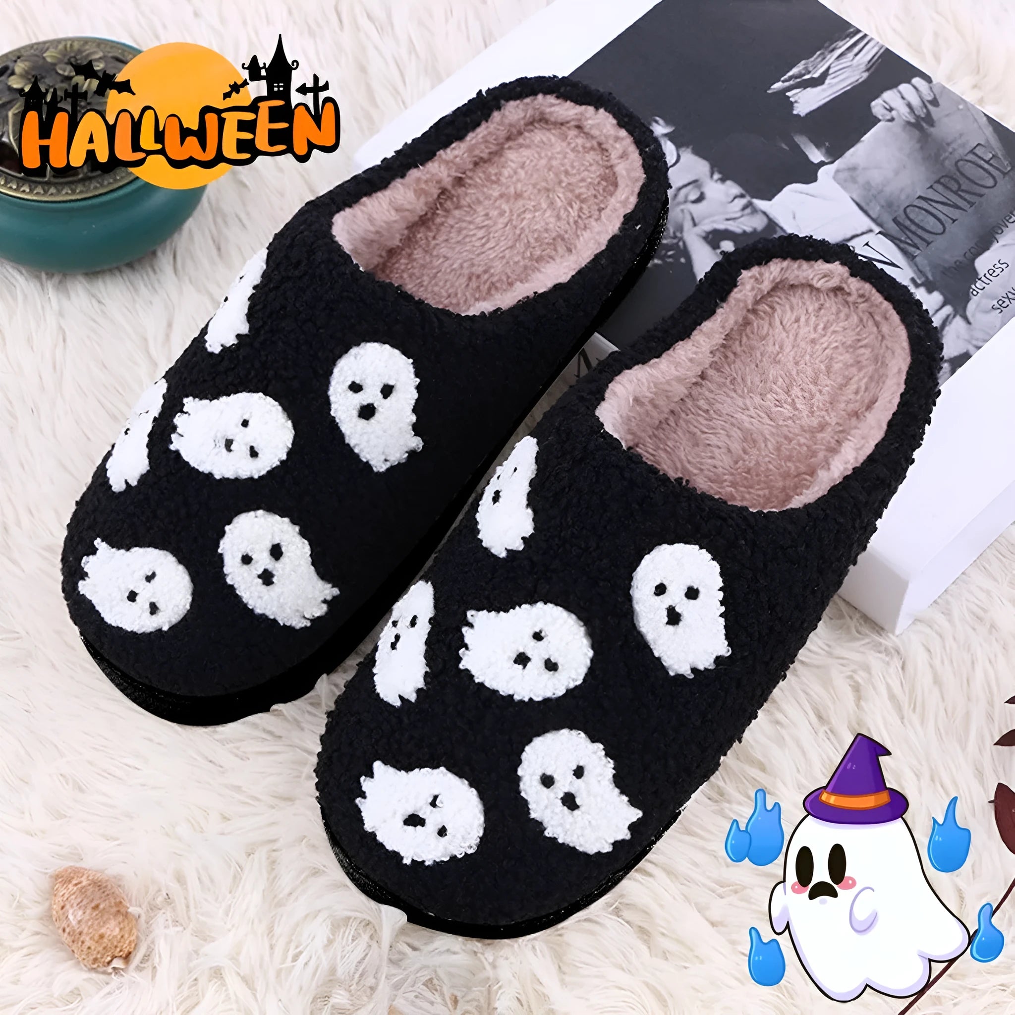 Halloween flat indoor slippers with non-slip sole, artificial plush upper, featuring spider ghost pattern