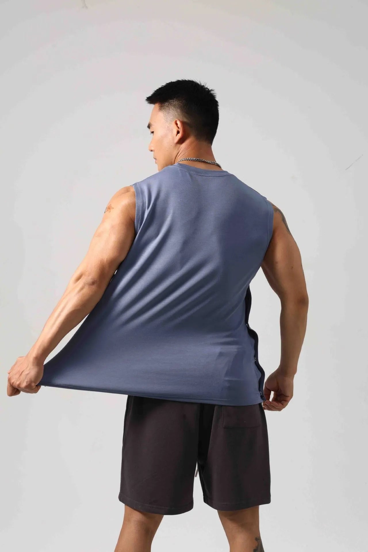Korean style cotton fitness vest with hidden hook side openings in black colour
