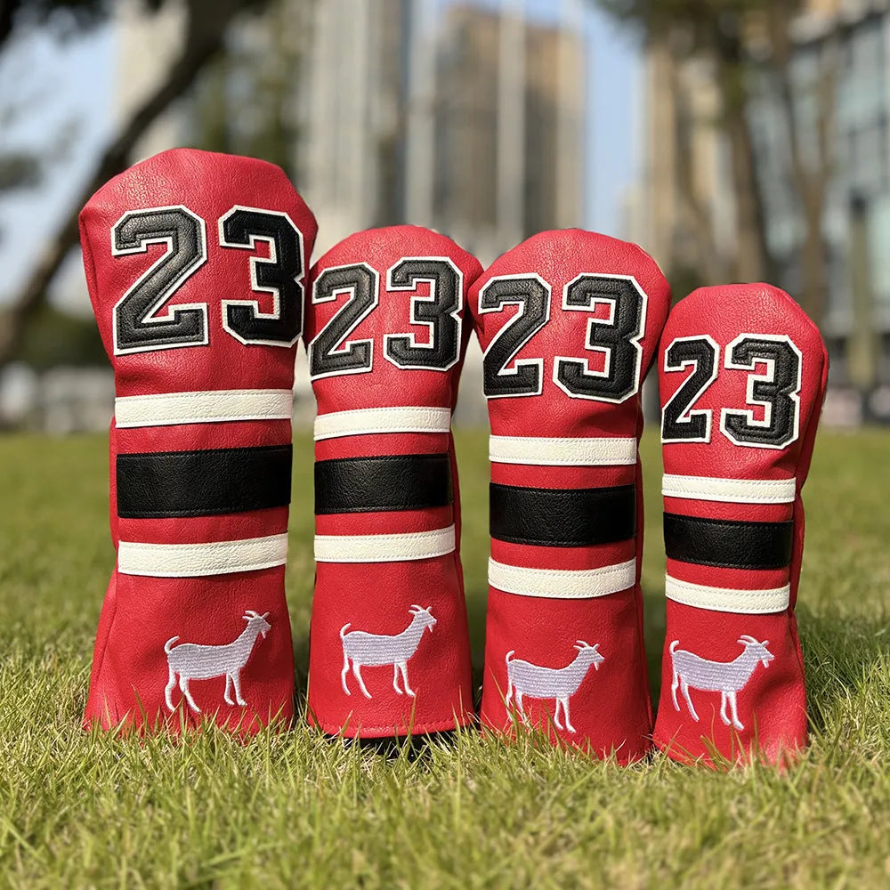 Set of four PU golf club head covers in a chosen colour for driver, fairway wood, UT iron, and Square putter.