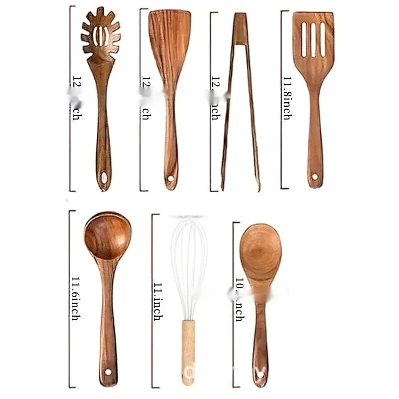 Wooden kitchen utensil set with seven pieces including spoons and spatulas in boxed presentation