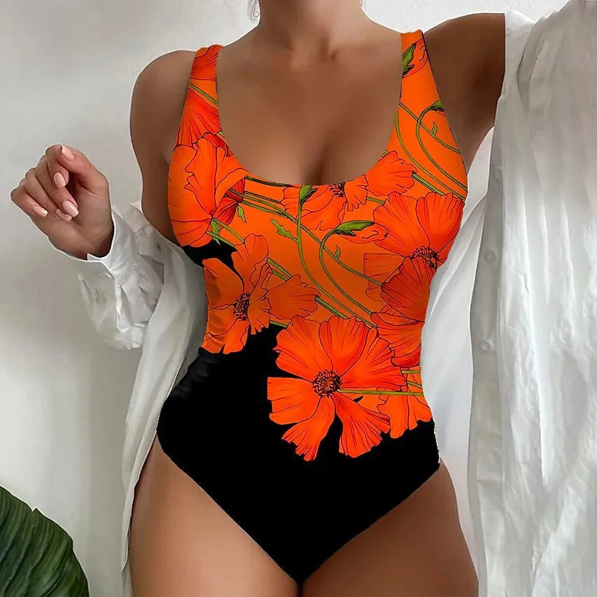 Women's 3D printed one-piece swimsuit in Lycra fabric, shown in orange red, sky blue, and purple colours.