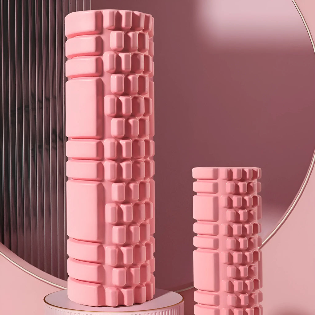 EVA foam roller for fitness recovery in black, shown alongside grey and pink colour options.