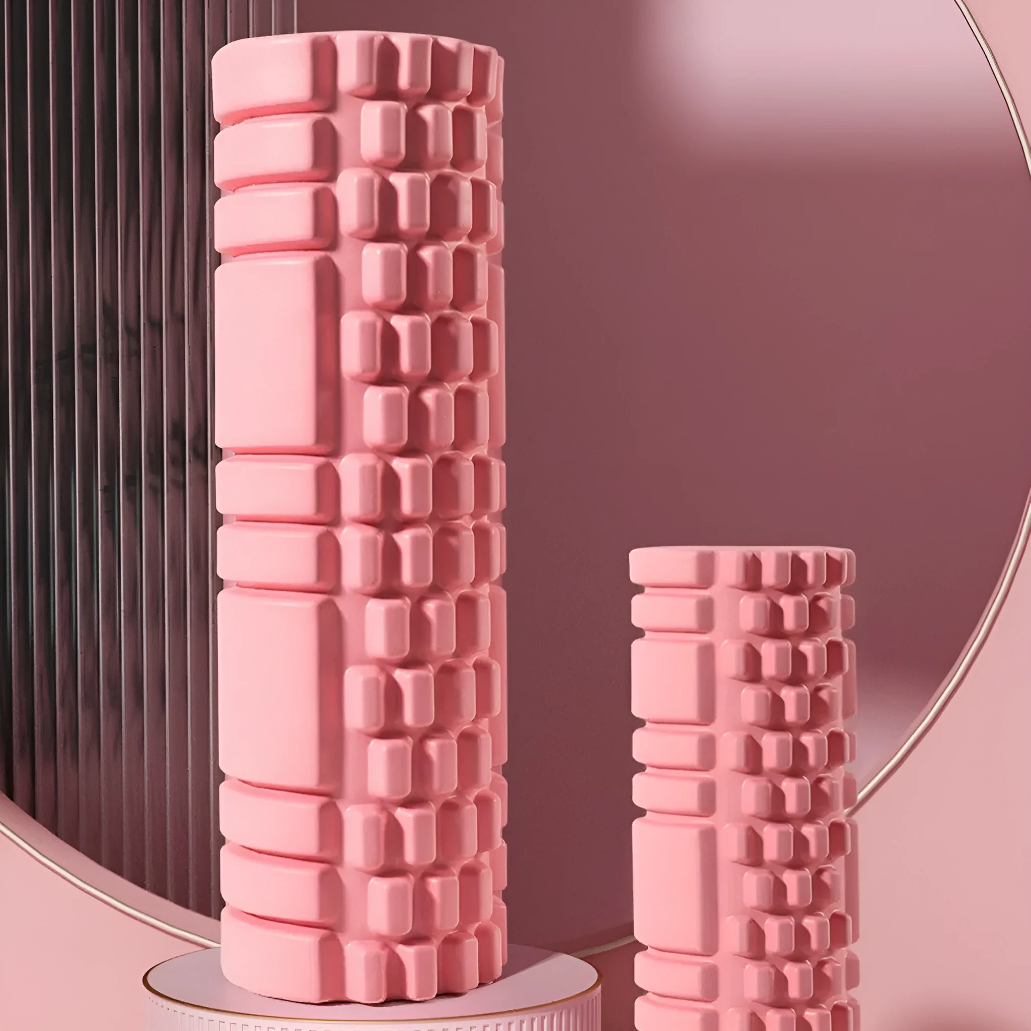 EVA foam roller for fitness recovery in black, shown alongside grey and pink colour options.