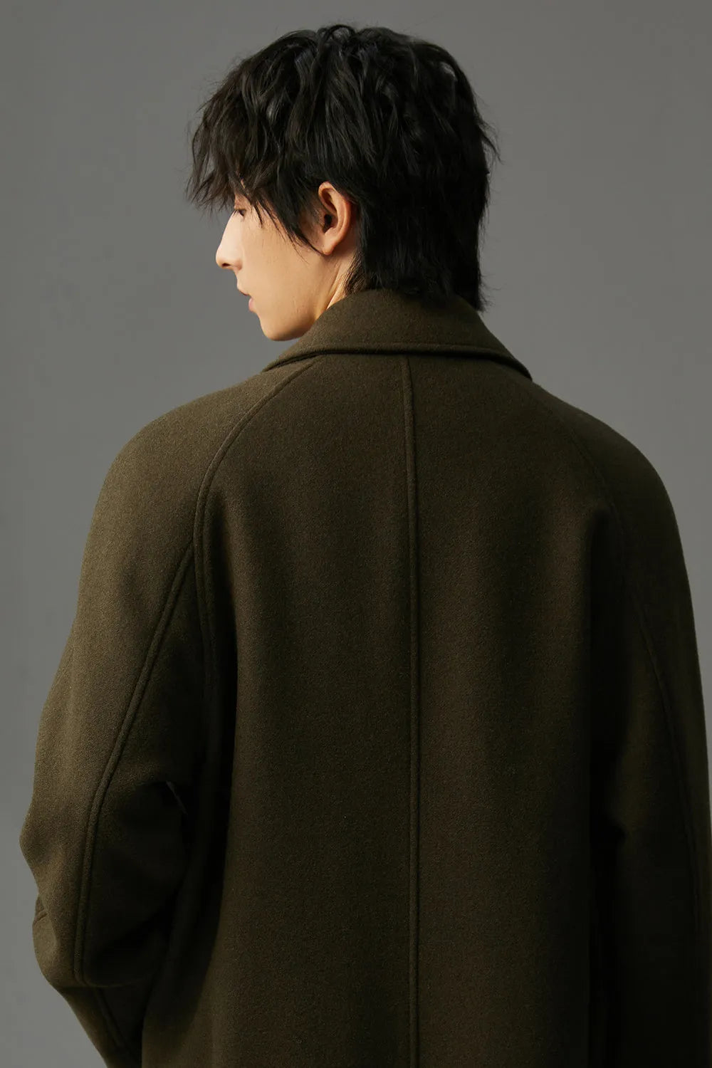 Men's double-sided polyester woolen coat in mid-length lapel style, available in black, olive green, and dark coffee, sizes M to 3XL
