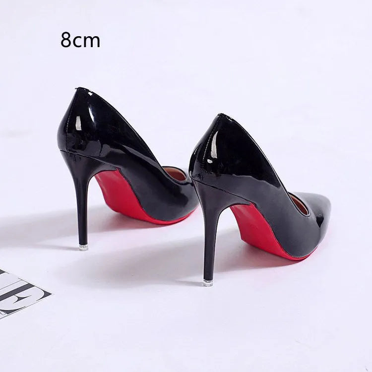 Women's pointed toe stiletto pump in a solid colour with a shallow cut, showing heel height options.