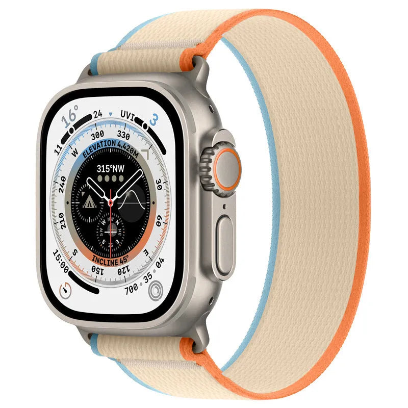 Nylon single ring watch strap for Apple Watch in multiple colour options on a grey background.