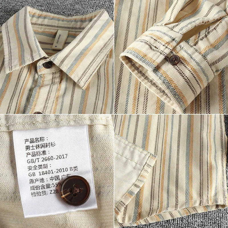 Men's vintage striped casual shirt in loose Japanese retro style with long sleeves