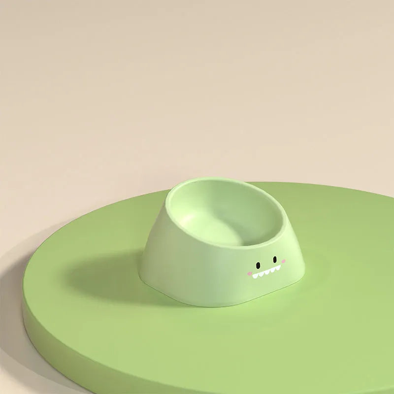 Green tilted stainless steel pet bowl with white PP base at 15-degree angle for cat or dog feeding