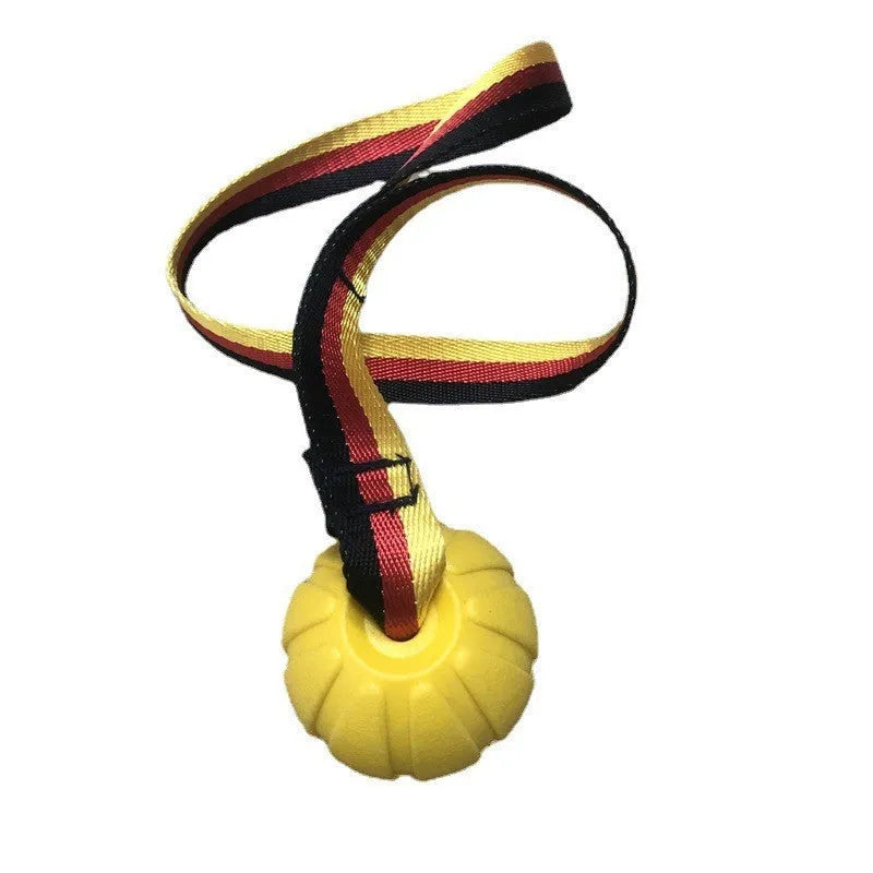 Yellow and camouflage coloured EVA foam floating dog ball with string attached for fetch and water training.