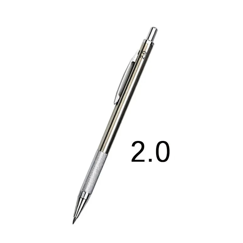 Metal automatic mechanical pencil compatible with five sizes of 2B lead refills.