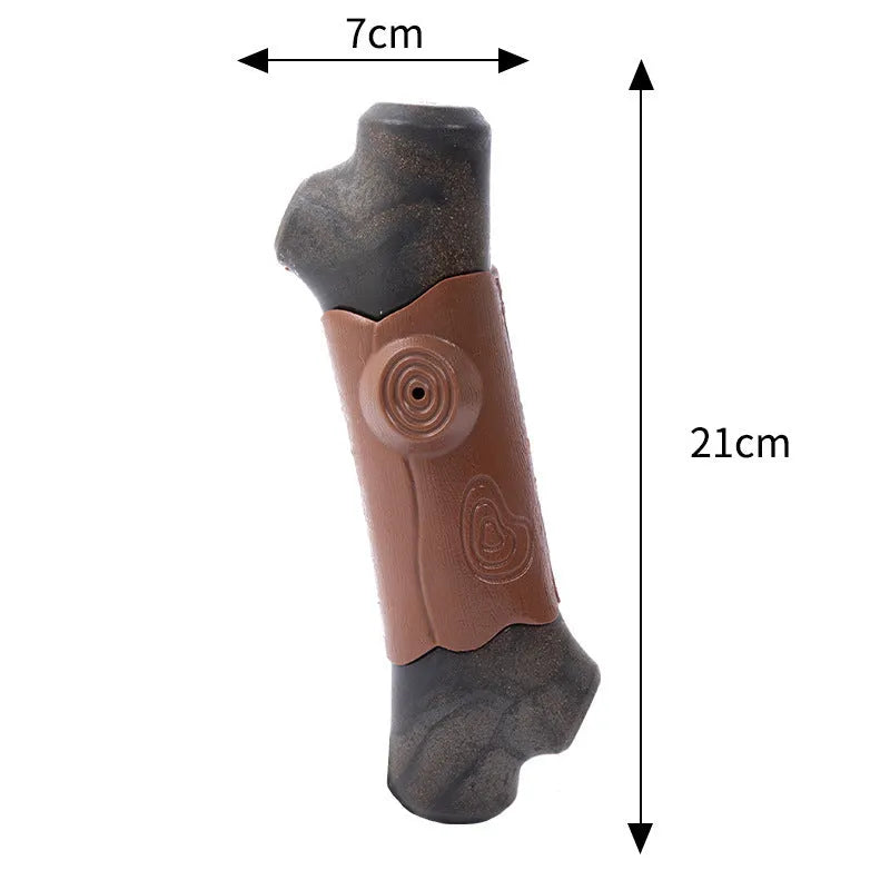 Large, branch-shaped bacon-flavoured dog chew toy with squeaker for aggressive chewing dogs.