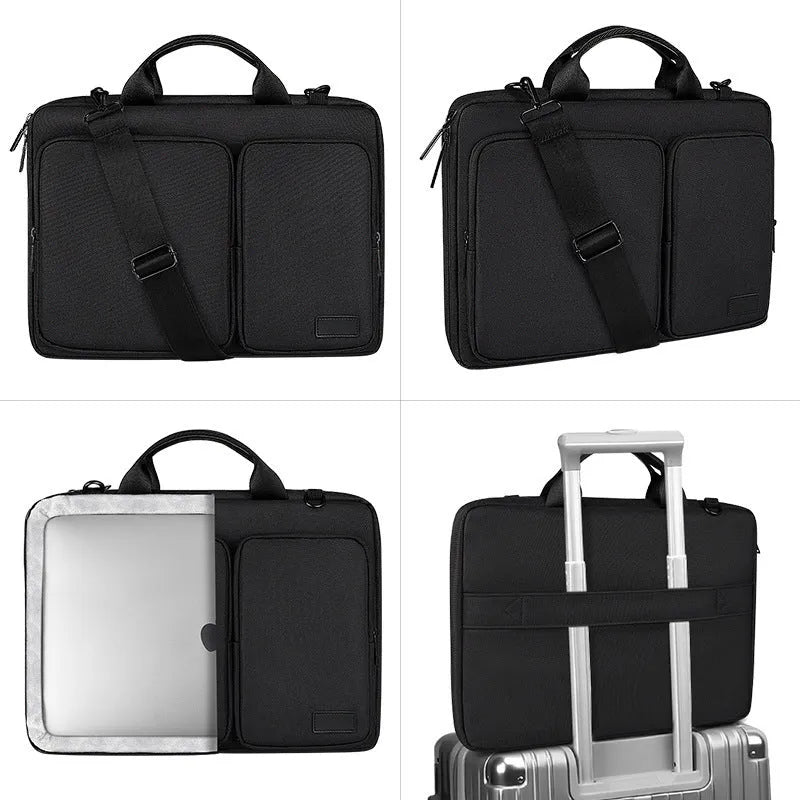 Shock proof shoulder laptop bag in solid colour with polyester shell and zipper closure