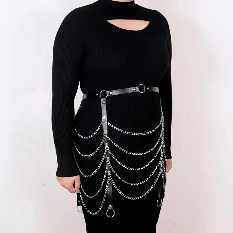 Black PU leather adjustable waist chain with bandage binding for women's festival and clubwear