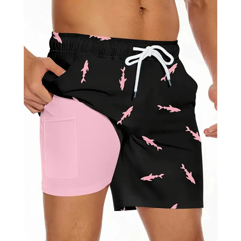 Men's loose-fit polyester beach shorts in a plus size on a neutral background