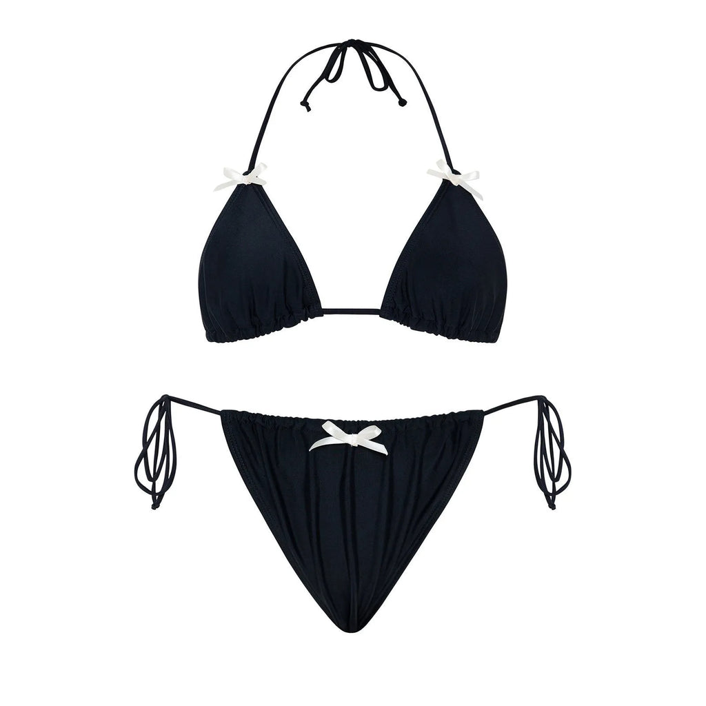 Women's pure colour high-elasticity bikini set with bow tie and backless top in solid colour, available in multiple shades