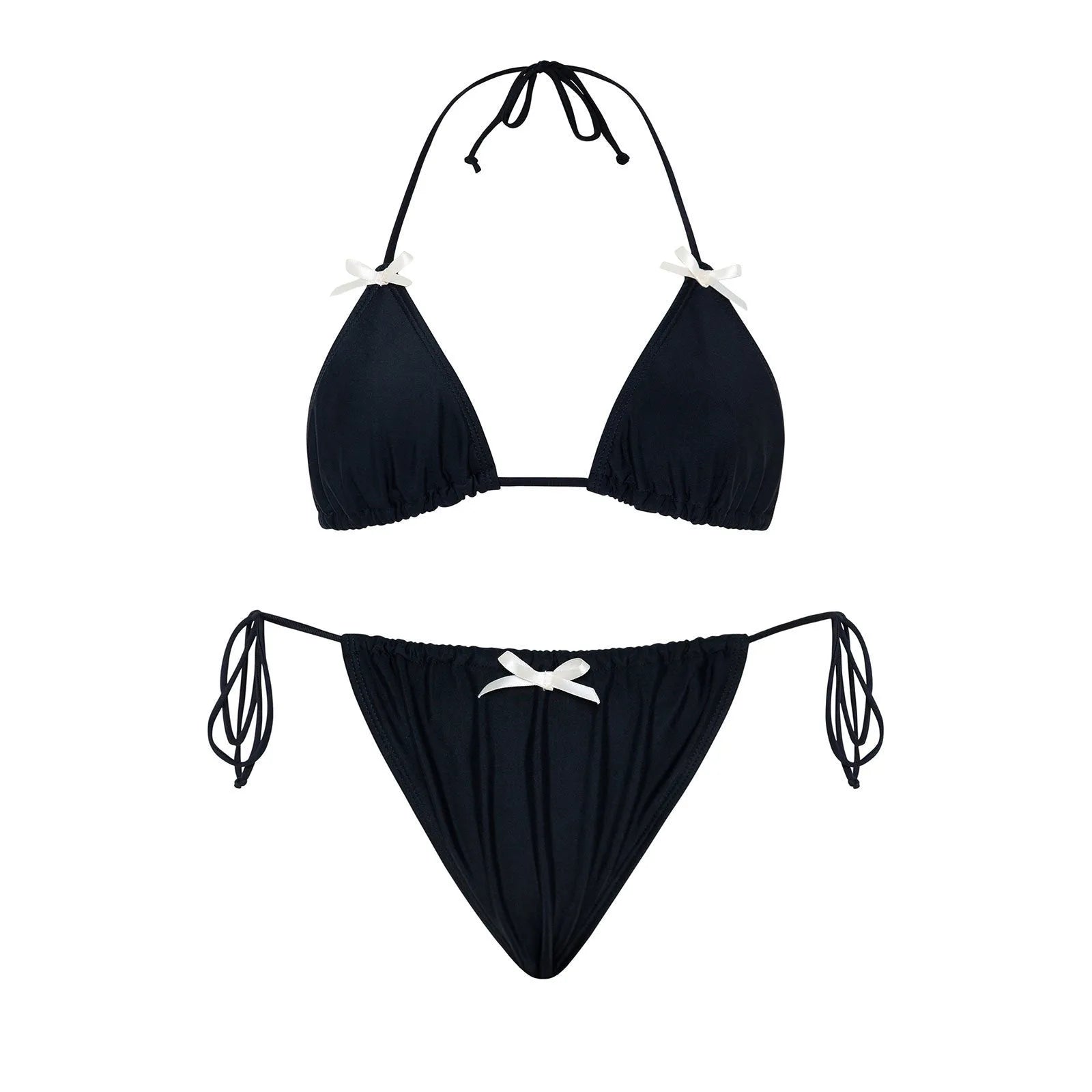 Women's pure colour high-elasticity bikini set with bow tie and backless top in solid colour, available in multiple shades