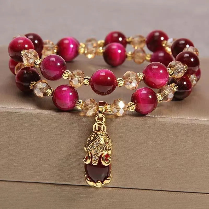 Handmade Tigereye crystal bracelet on a single chain and double chain in green and rose red styles.