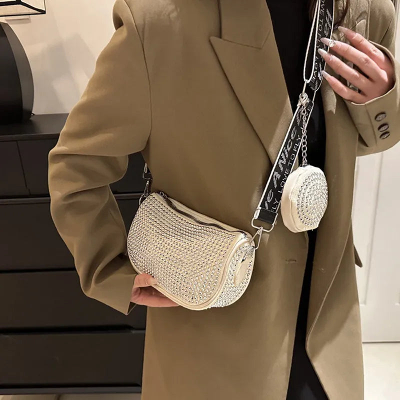 Rhinestone shoulder bag with small purse in black red white Oxford cloth dumpling shape