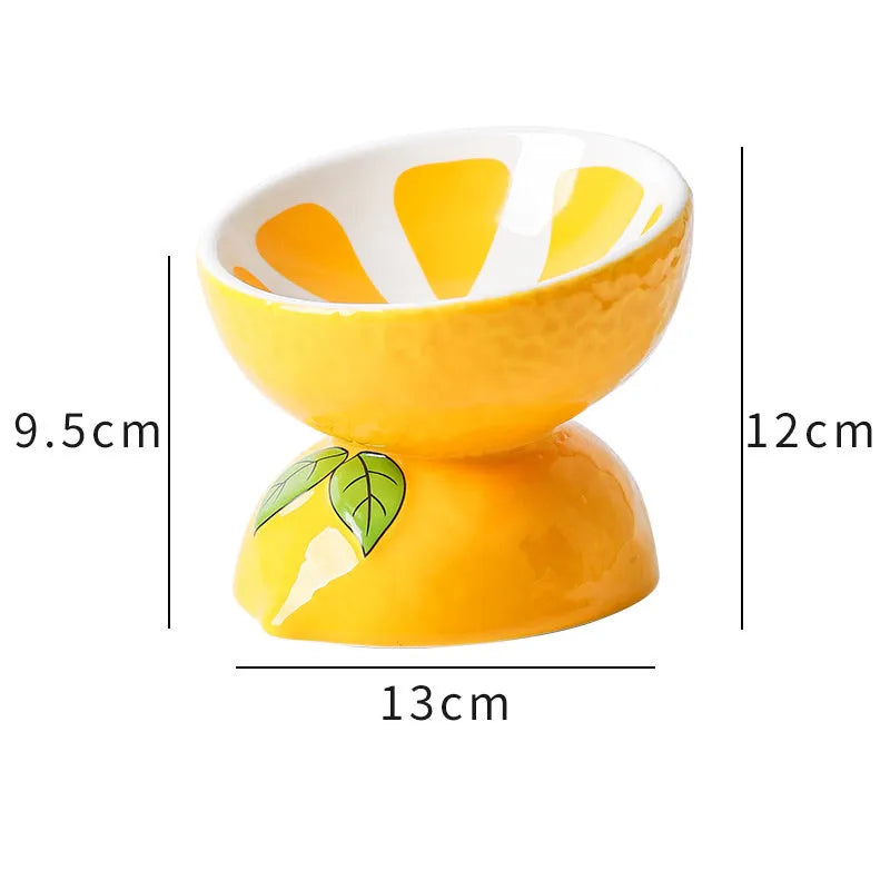 Ceramic raised cat bowl with tilted design in orange pattern, elevated 5 inches from base