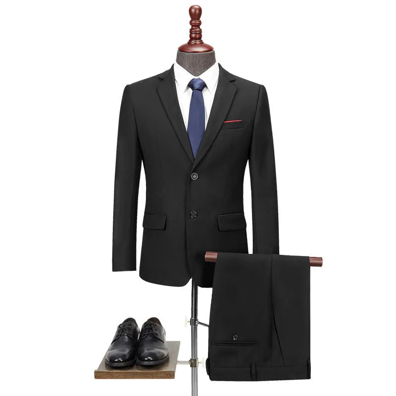 Men's slim fit two-piece business suit in navy blue with jacket and matching trousers on a plain background, plus size option