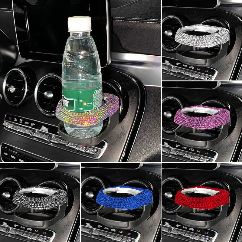 White rhinestone-decorated car cup holder bracket mounted on a car air vent
