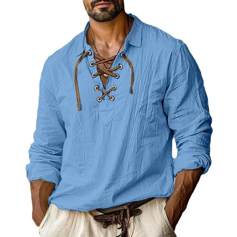 Men's loose fit plus size linen shirt with lapel collar and lace detailing in a solid colour.