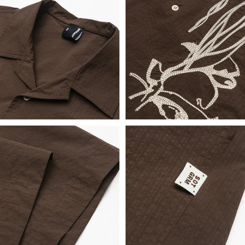 Brown striped waterproof quick-drying shirt with Cuban collar for outdoor camping