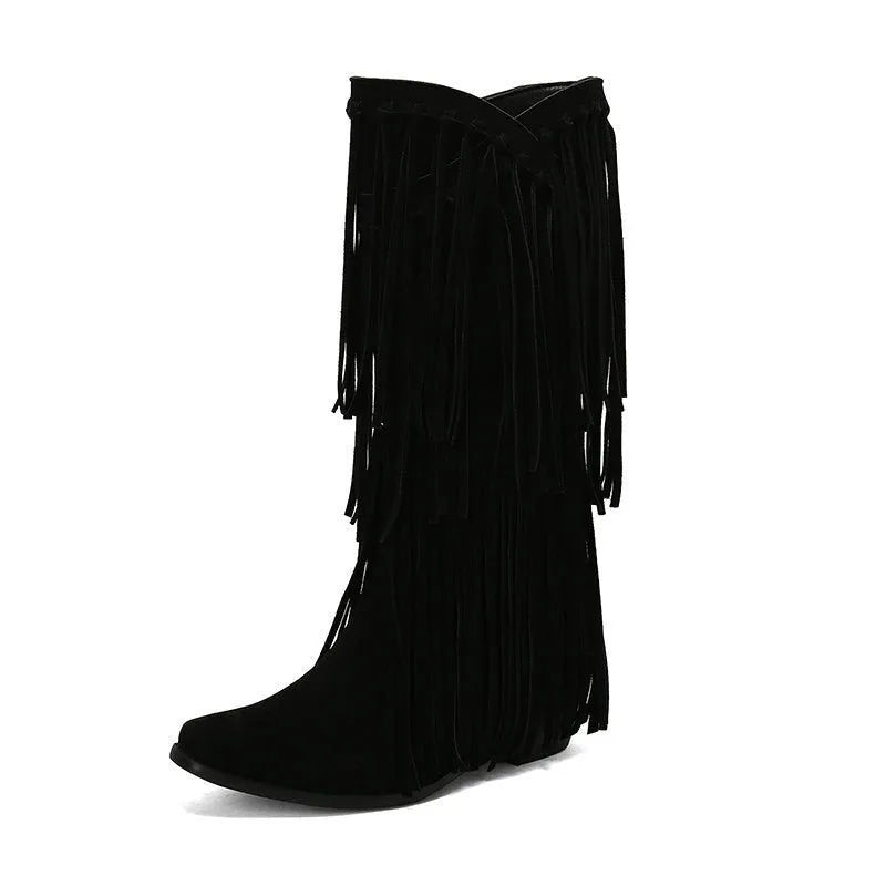 Women's suede mid-calf boots with chunky heel and square toe in beige colour