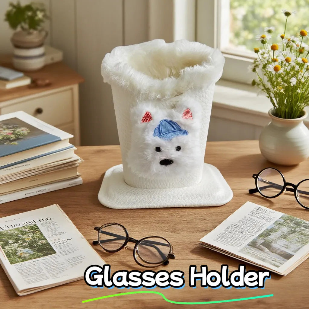 Nordic style fluffy cartoon desktop glasses storage bucket in leather with animal design, 11.6x8.1x12cm