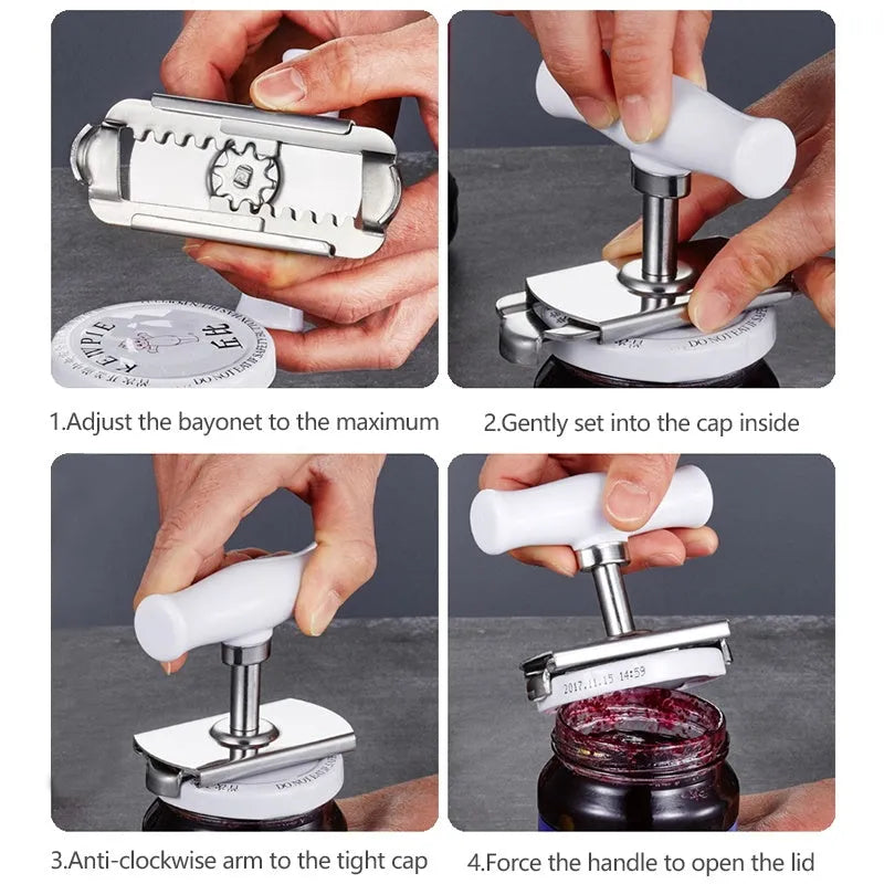 Adjustable jar opener stainless steel with collapsible body, white colour, 8.5x6 cm compact kitchen tool