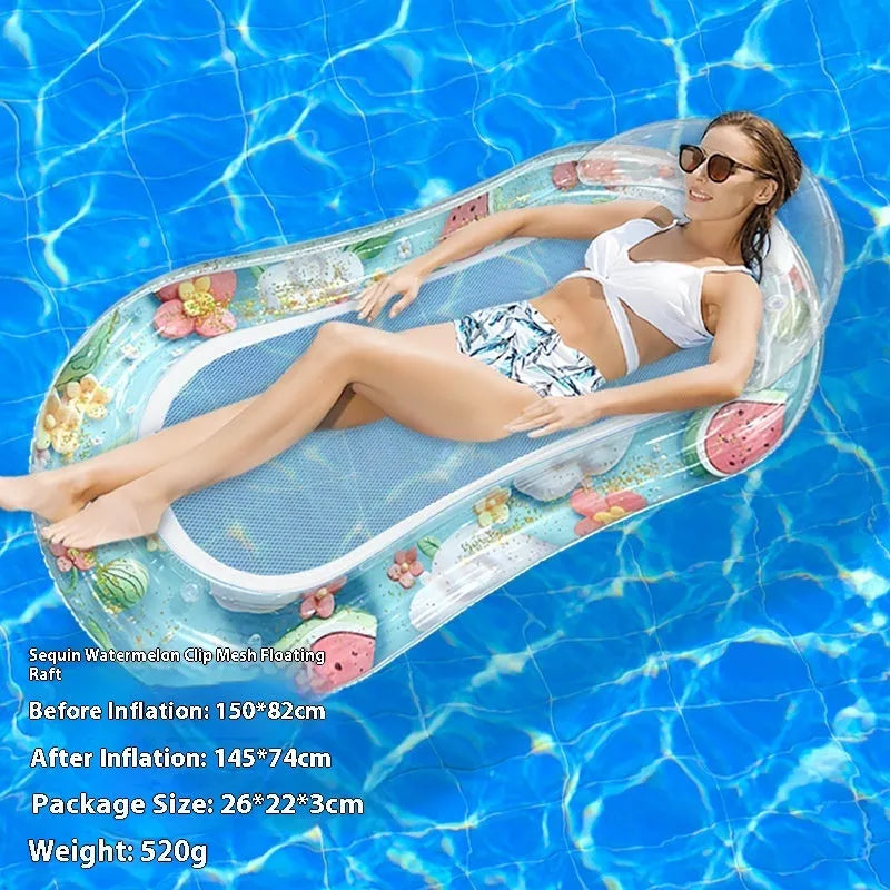 PVC thick sequins inflatable floating row pool lounger in gradient colour with canopy