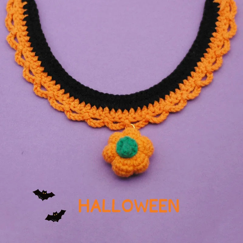 Hand-crocheted wool Halloween collar for cats and dogs in pumpkin colours with adjustable sizing