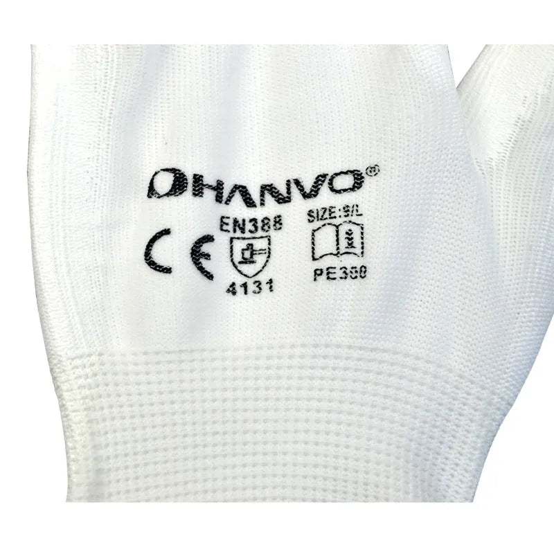 White PU coated work gloves showing palm coating detail, laid flat to display 24 cm length and L/M size labels