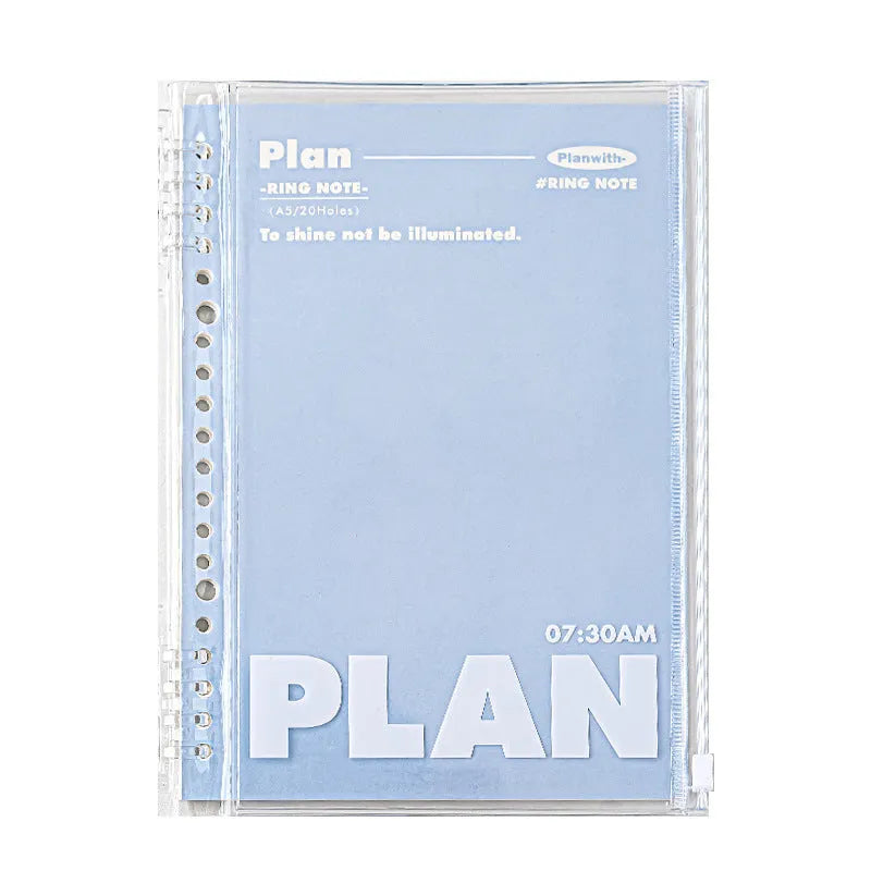 Transparent A5 PVC document canister with spiral notebook in white or blue, 148 × 210mm dimensions
