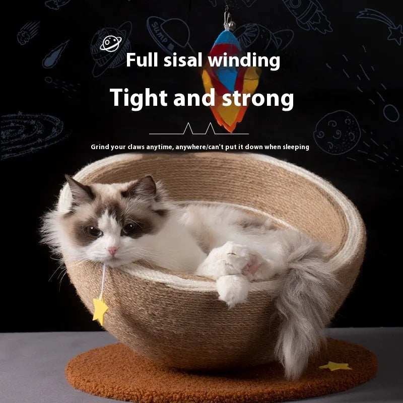 Large integrated cat scratch basin and nest in starlight colour with sisal rope post and flannel bedding.