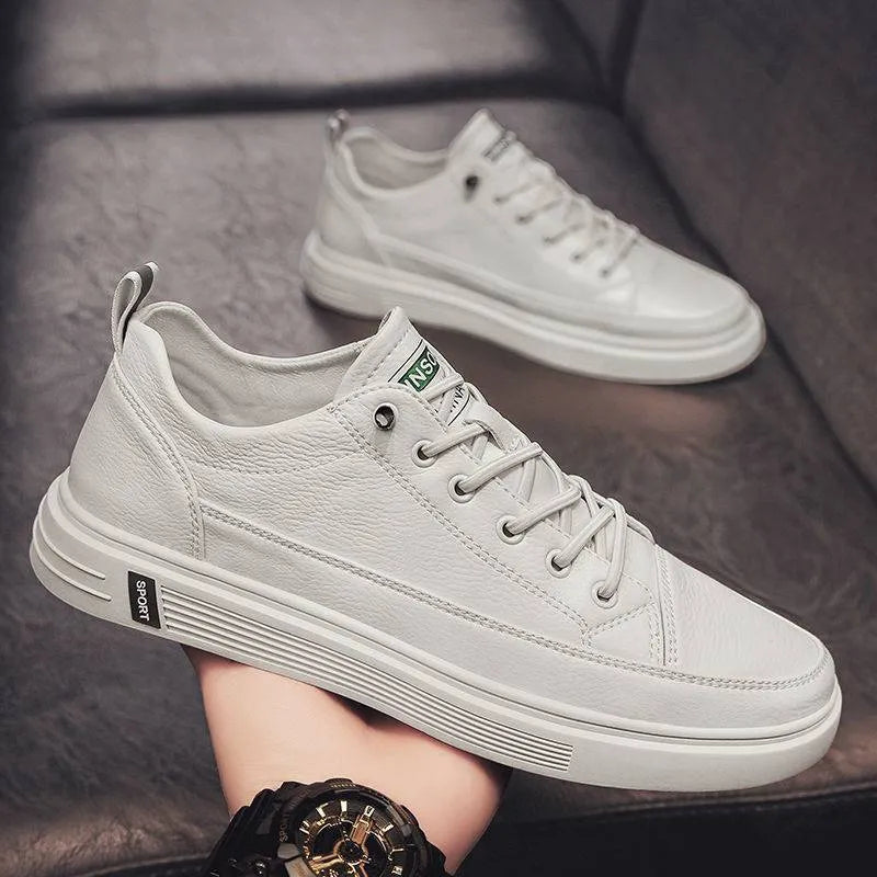 Men's white casual flat shoes with a PU upper and round toe, shown on a light background.